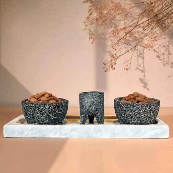 Set de 3 molcajetes con charola de mármol la cosita chula frente
